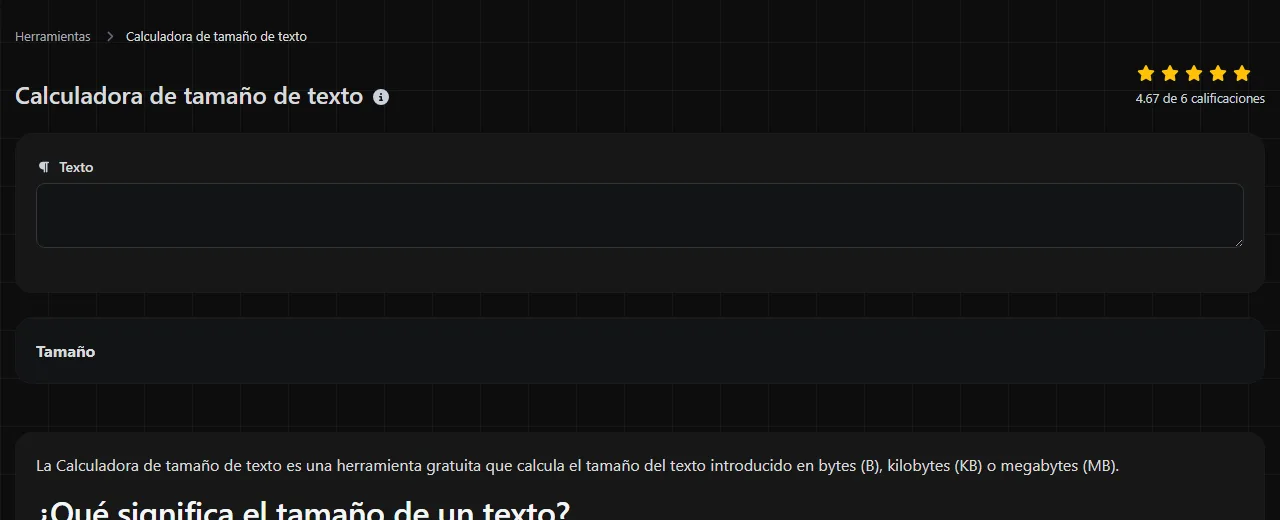 La herramienta Calculadora de tamaño de texto en digily.link, con su formulario de entrada