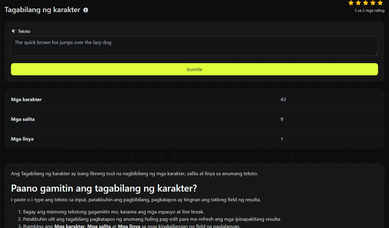 Halimbawa ng resultang ginawa ng tool na Tagabilang ng karakter