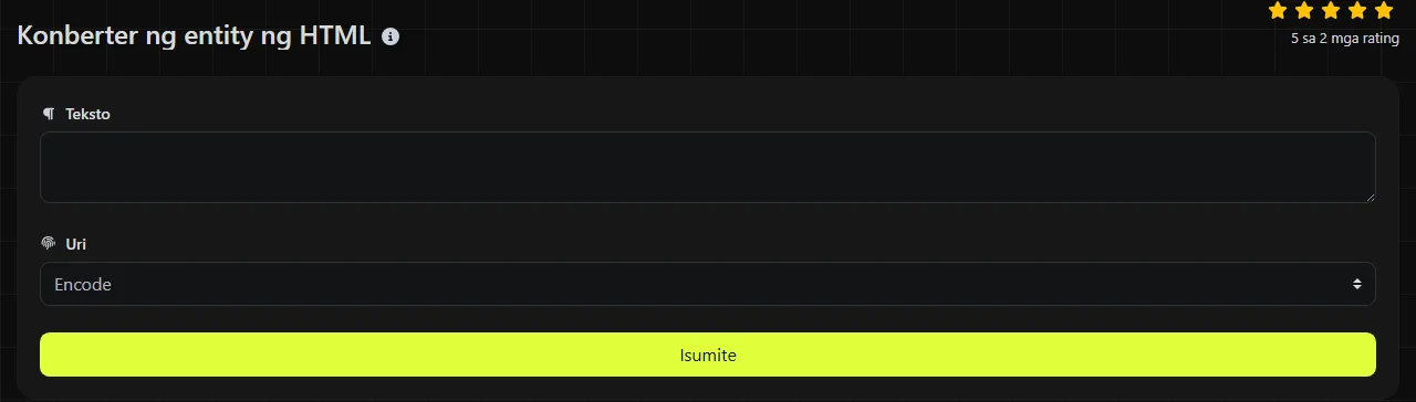 Ang tool na Konberter ng entity ng HTML sa digily.link, kasama ang input form nito