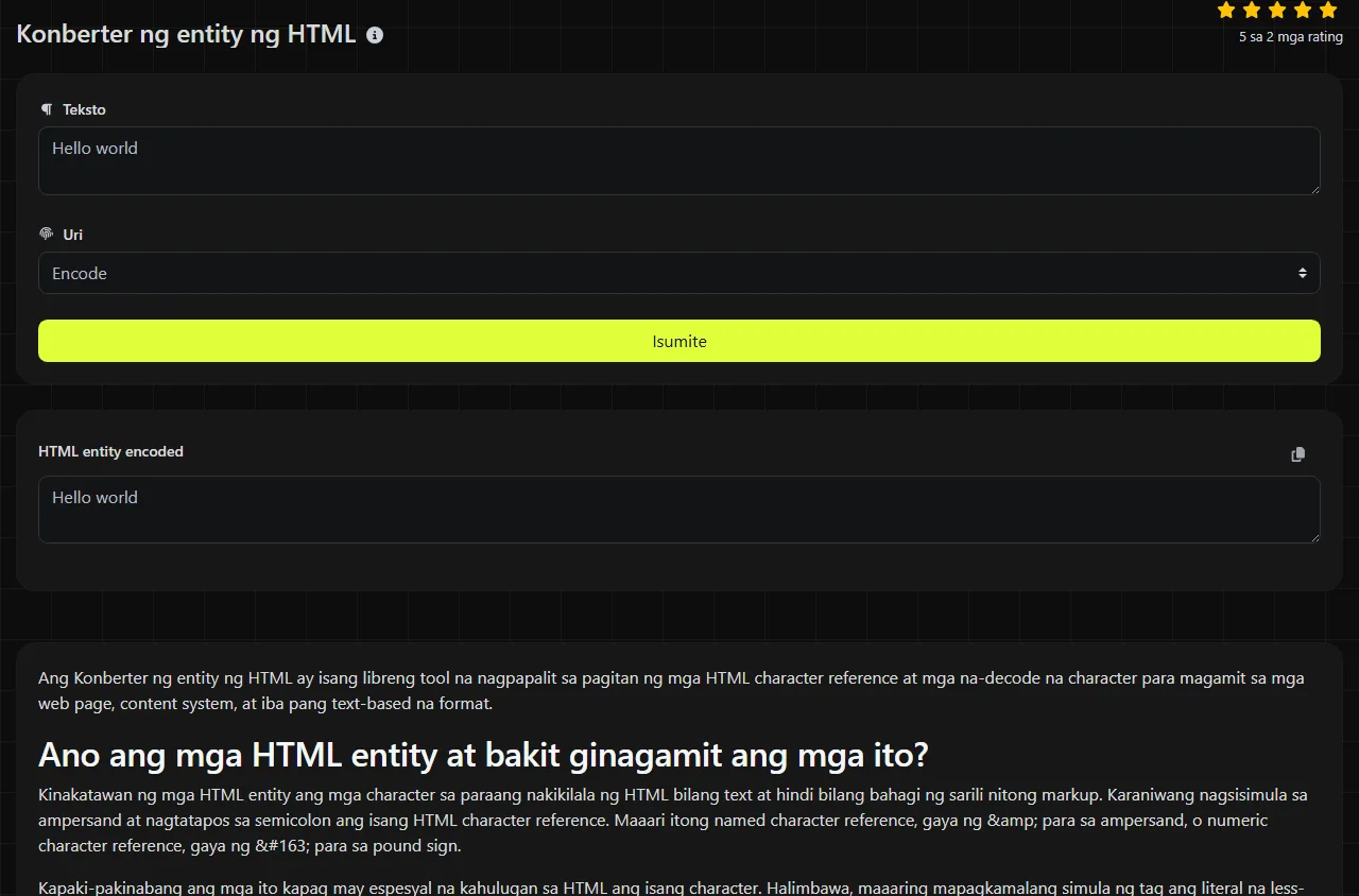 Halimbawa ng resultang ginawa ng tool na Konberter ng entity ng HTML