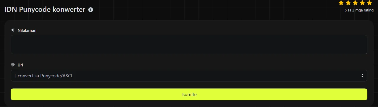 Ang tool na IDN Punycode konwerter sa digily.link, kasama ang input form nito
