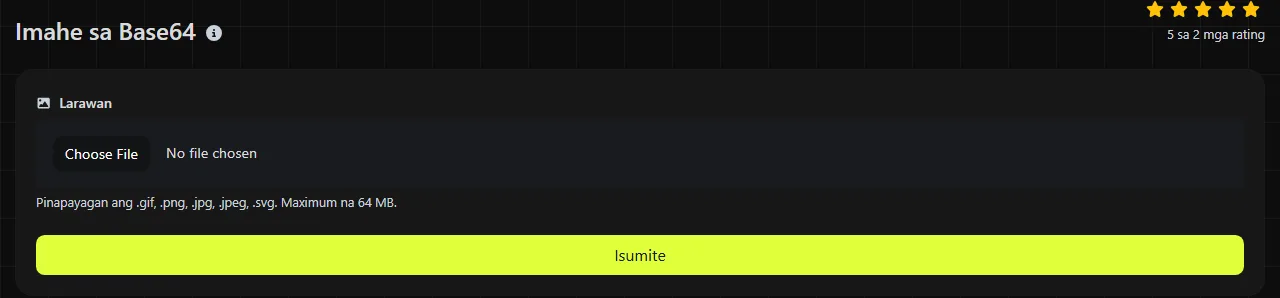 Ang tool na Imahe sa Base64 sa digily.link, kasama ang input form nito