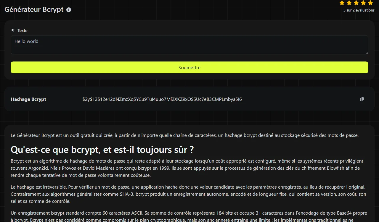 Exemple de résultat produit par l'outil Générateur Bcrypt
