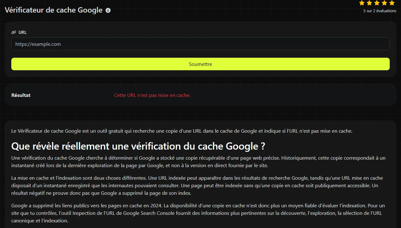 Exemple de résultat produit par l'outil Vérificateur de cache Google