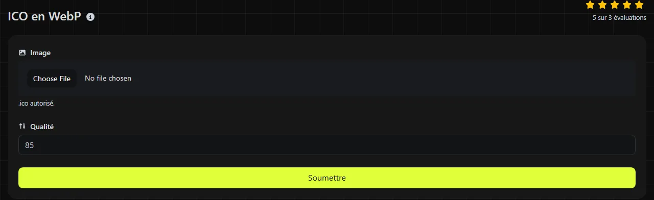 L'outil ICO en WebP sur digily.link, avec son formulaire de saisie
