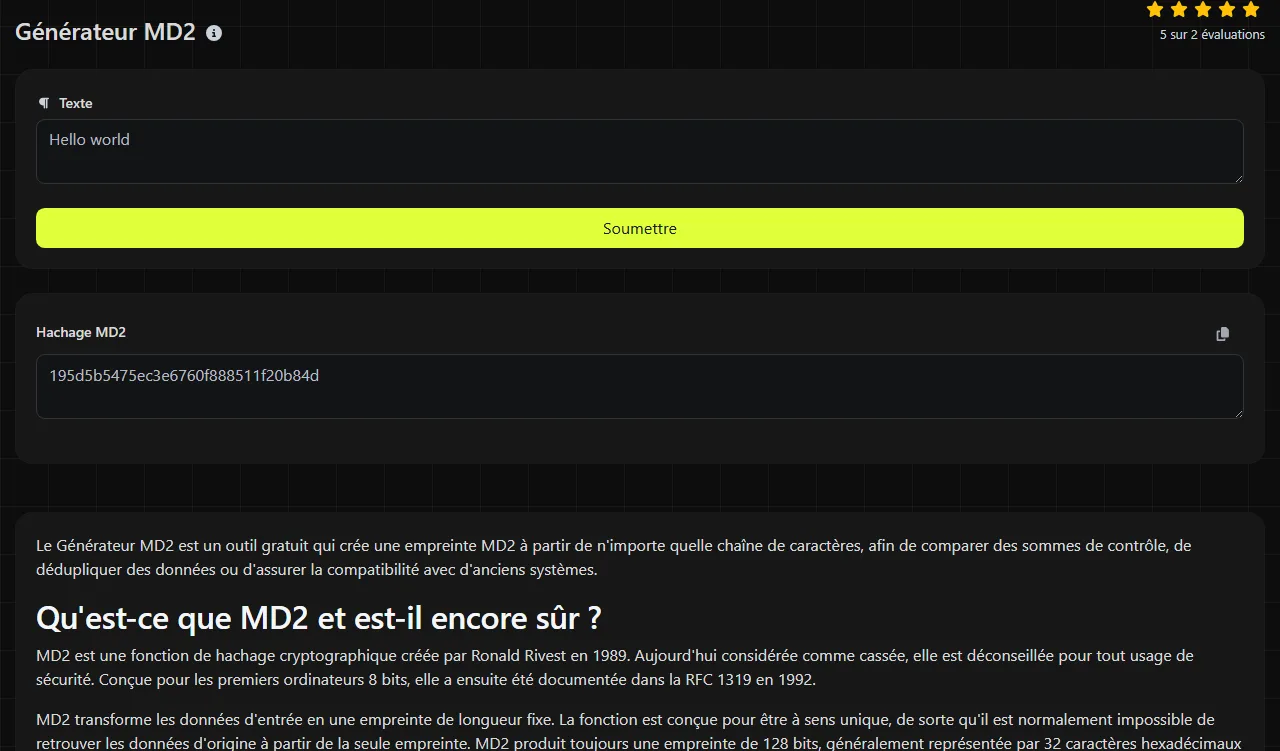 Exemple de résultat produit par l'outil Générateur MD2