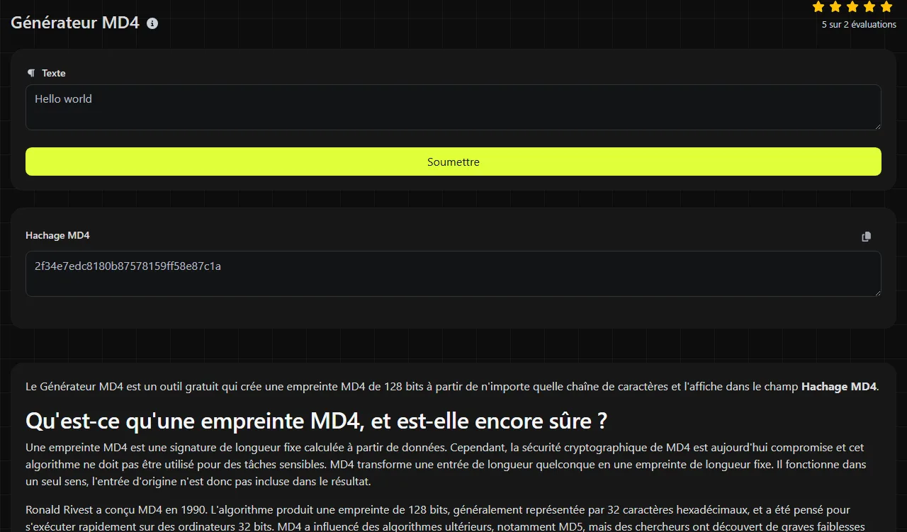 Exemple de résultat produit par l'outil Générateur MD4