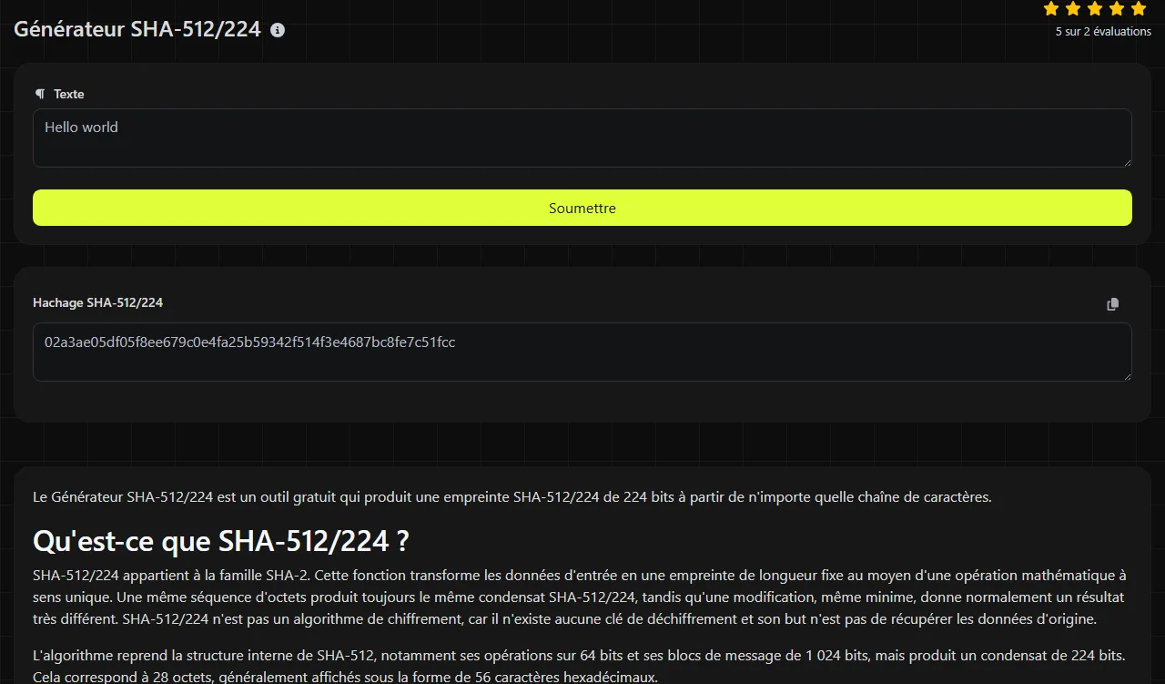 Exemple de résultat produit par l'outil Générateur SHA-512/224