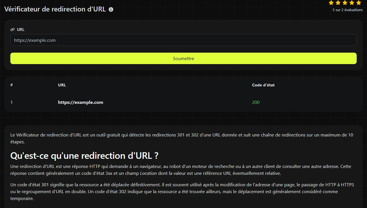 Exemple de résultat produit par l'outil Vérificateur de redirection d'URL