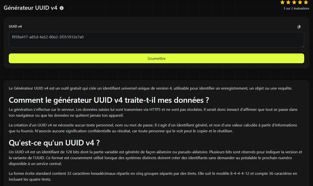 Exemple de résultat produit par l'outil Générateur UUID v4