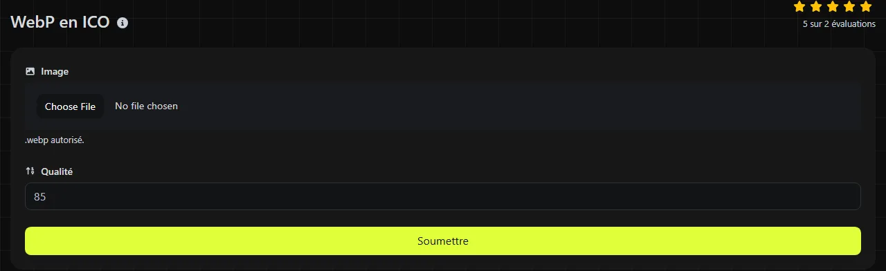 L'outil WebP en ICO sur digily.link, avec son formulaire de saisie