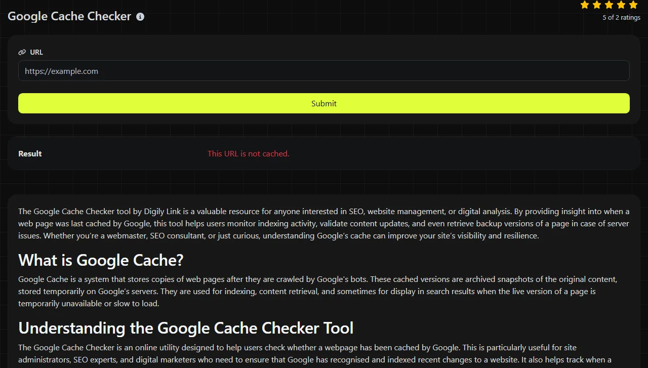 Example result produced by the Google Cache Checker tool