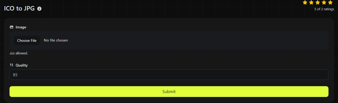The ICO to JPG tool on digily.link, showing its input form
