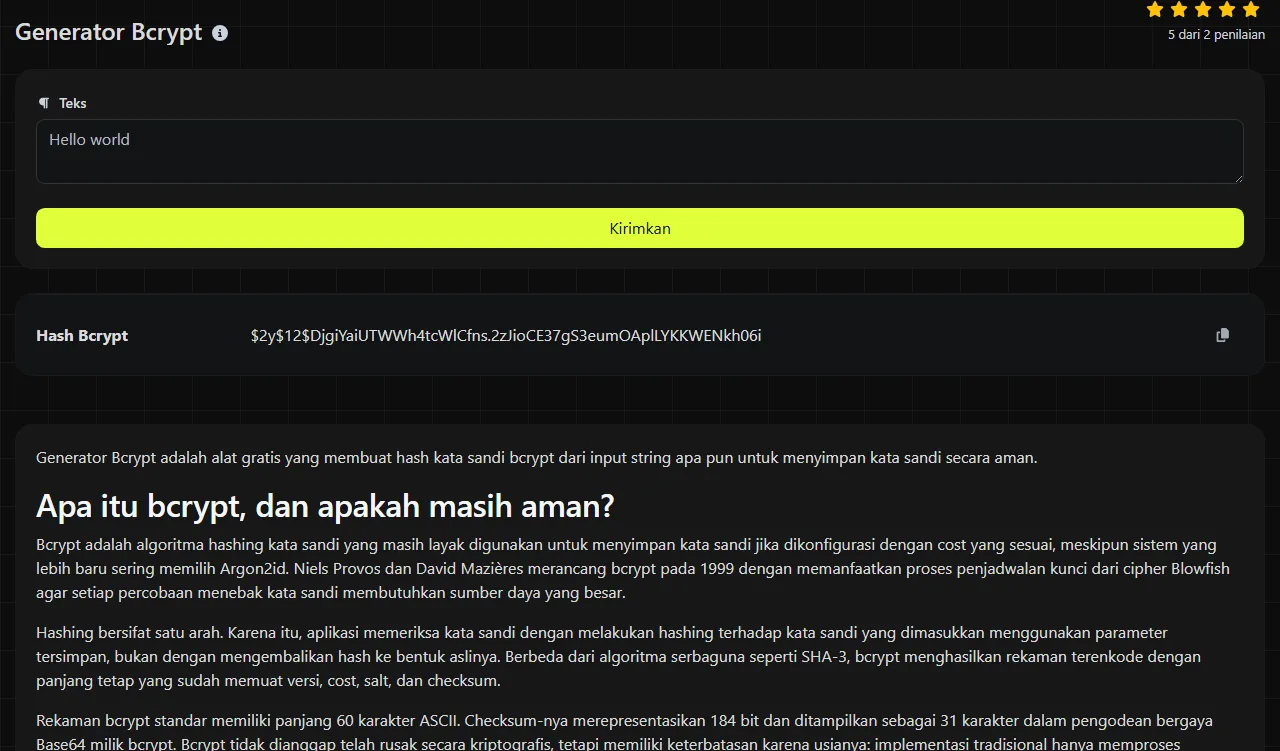 Contoh hasil yang dihasilkan alat Generator Bcrypt