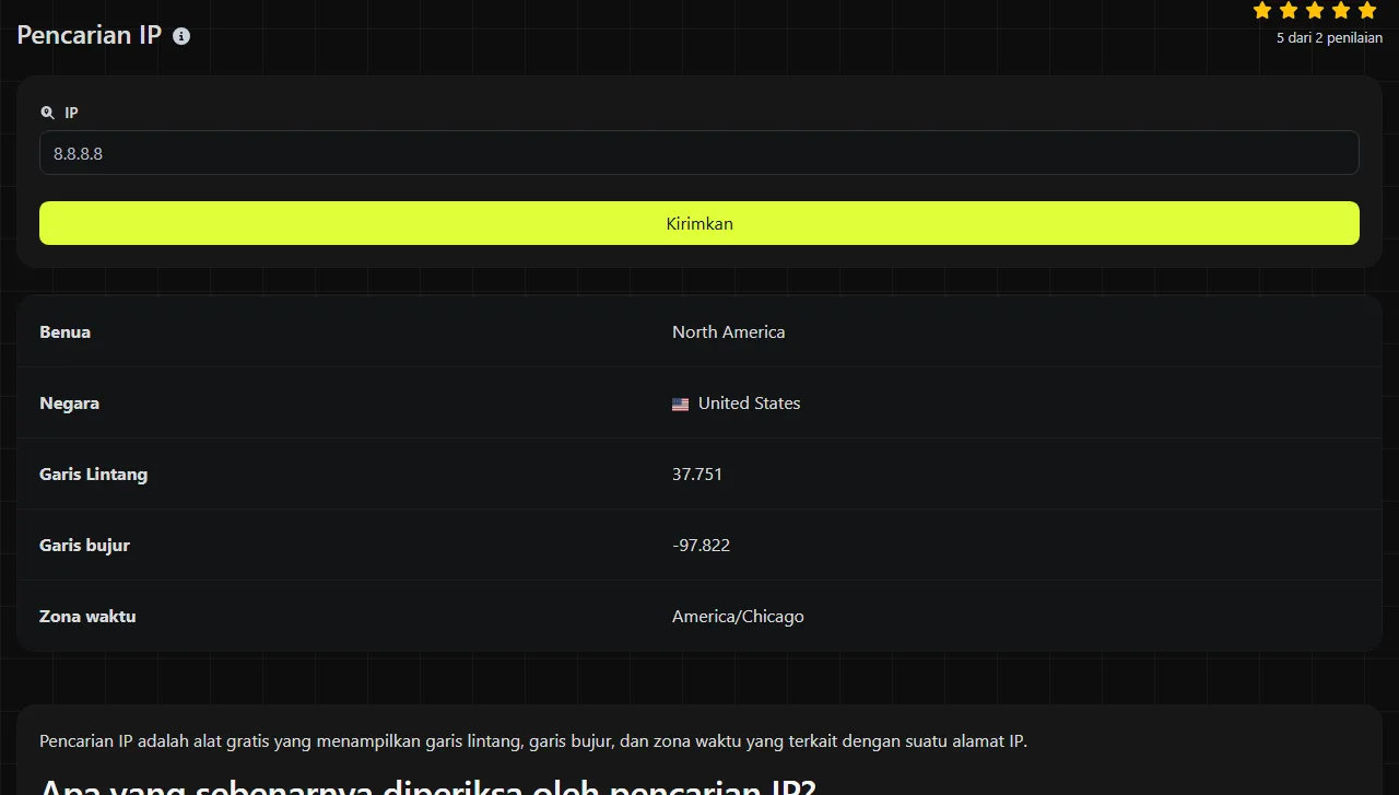 Contoh hasil yang dihasilkan alat Pencarian IP