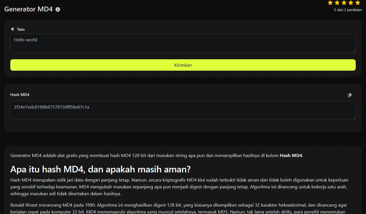 Contoh hasil yang dihasilkan alat Generator MD4