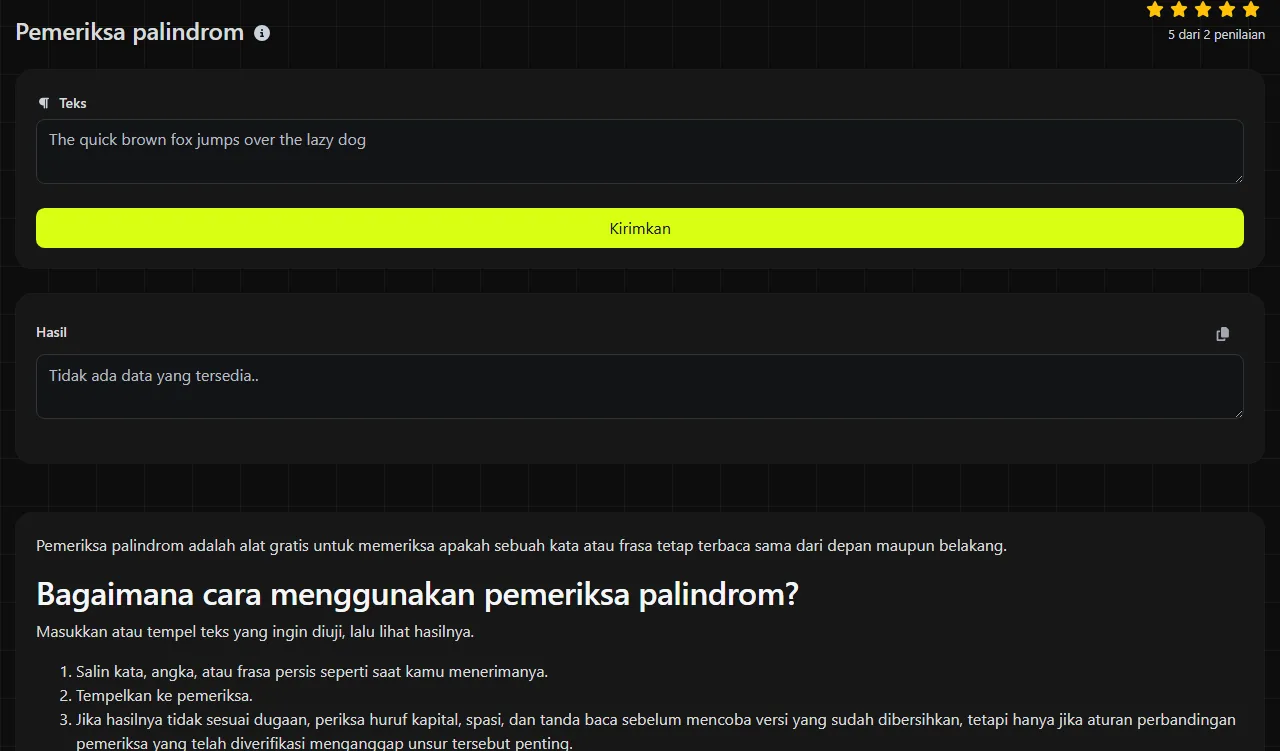 Contoh hasil yang dihasilkan alat Pemeriksa palindrom