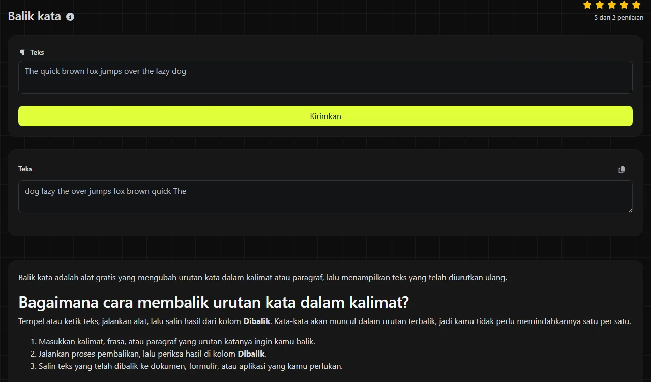 Contoh hasil yang dihasilkan alat Balik kata