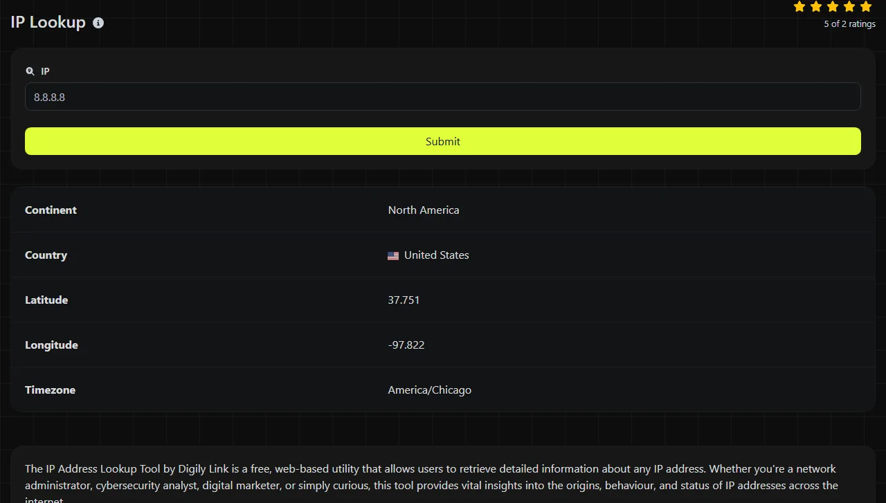 Example result produced by the IP Lookup tool