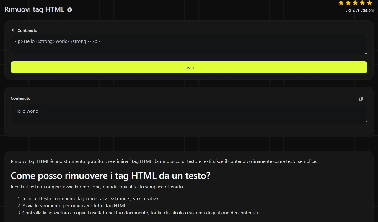 Esempio di risultato prodotto dallo strumento Rimuovi tag HTML