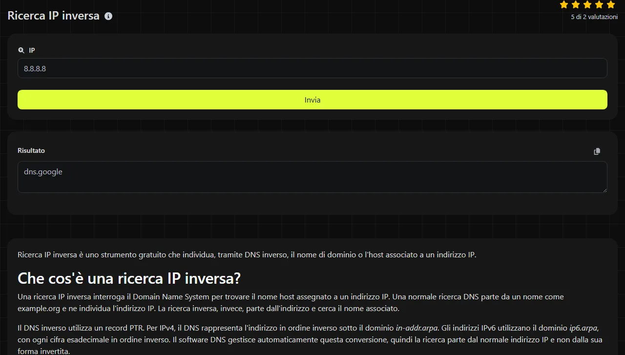 Esempio di risultato prodotto dallo strumento Ricerca IP inversa