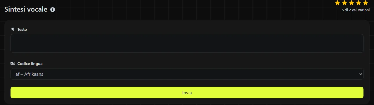 Lo strumento Sintesi vocale su digily.link, con il suo modulo di inserimento