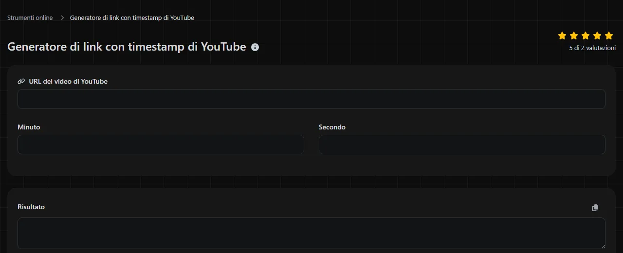 Lo strumento Generatore di link con timestamp di YouTube su digily.link, con il suo modulo di inserimento