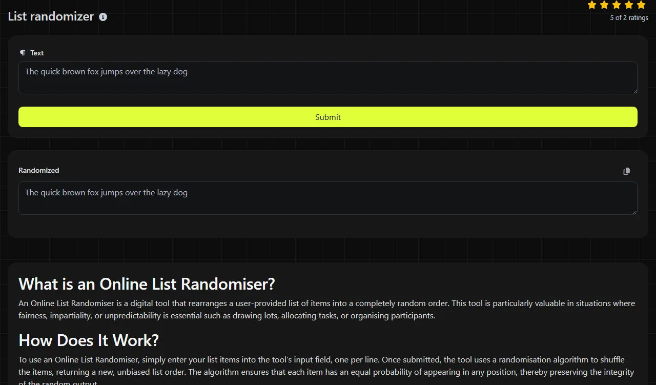 Example result produced by the List randomizer tool