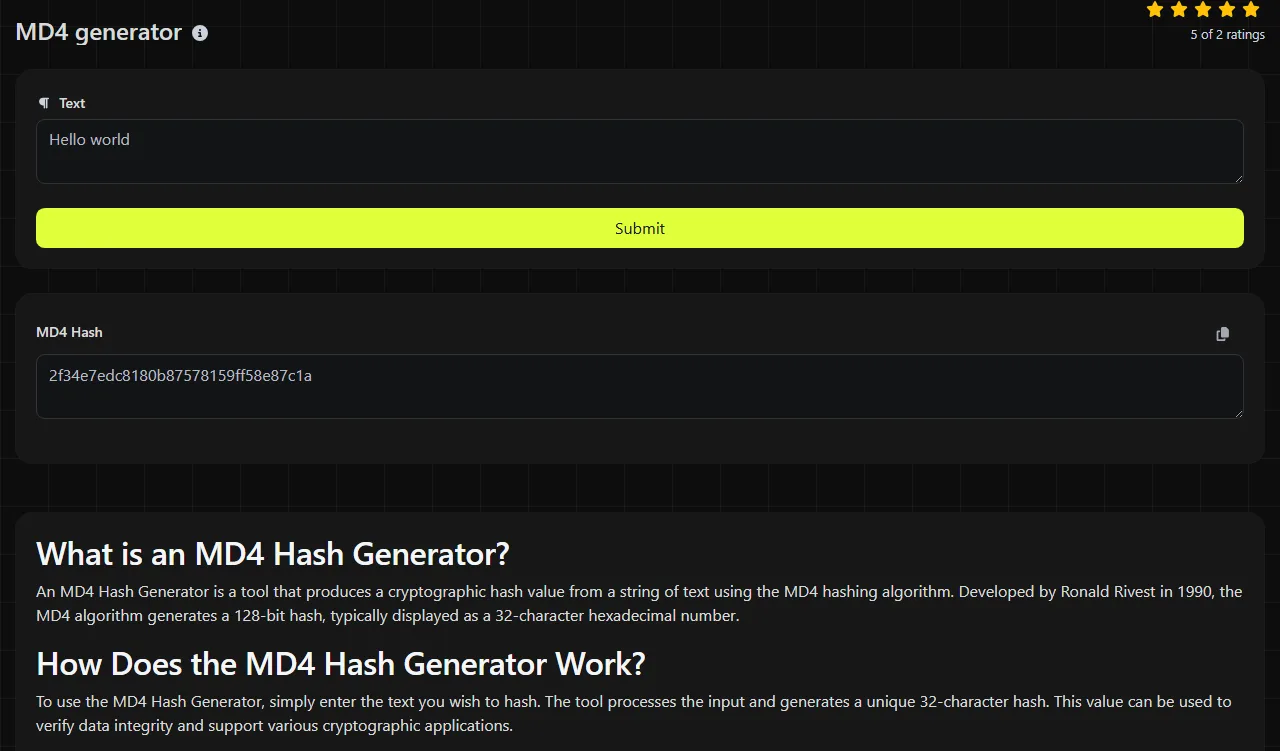 Example result produced by the MD4 generator tool