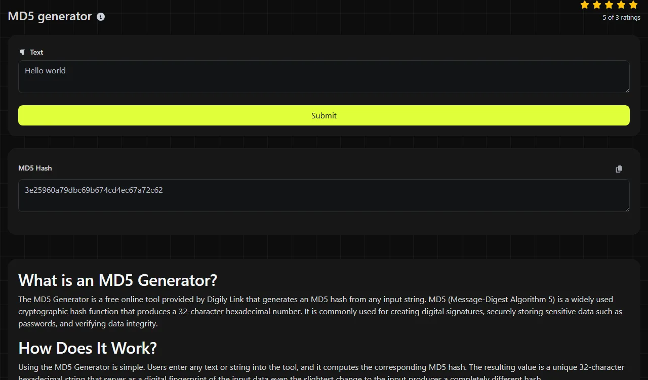 Example result produced by the MD5 generator tool