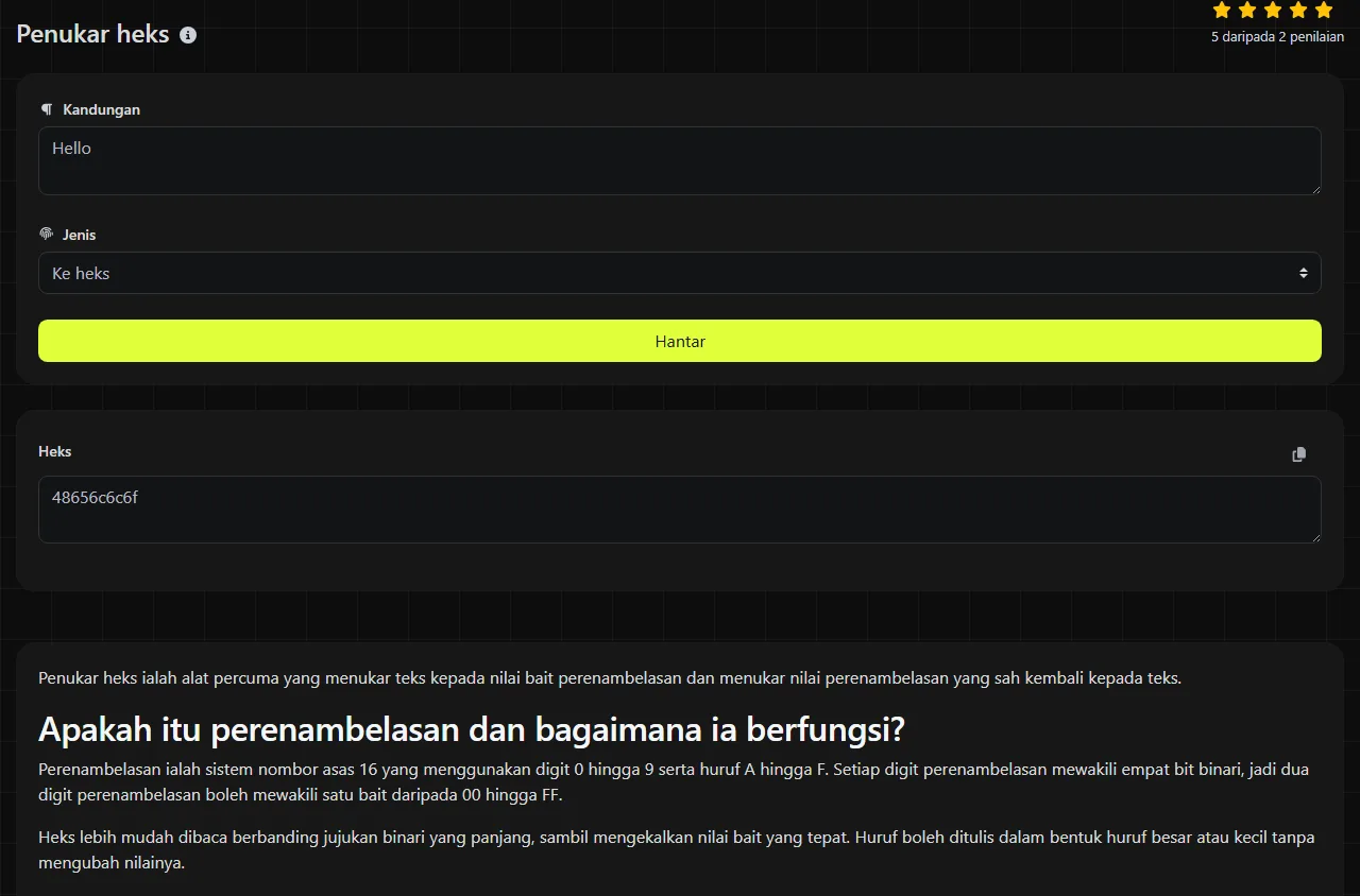 Contoh hasil yang dijana oleh alat Penukar heks