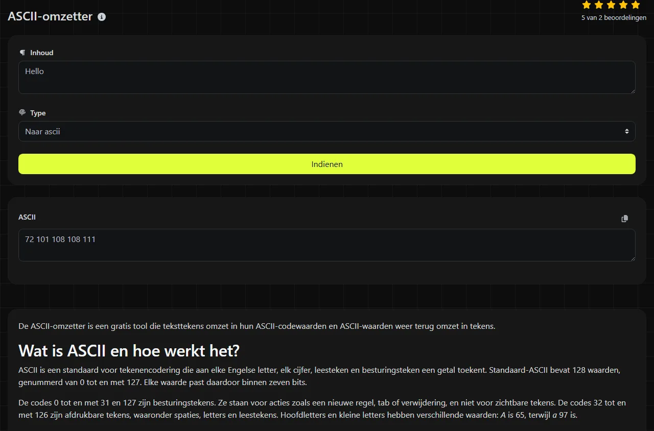 Voorbeeldresultaat van de tool ASCII-omzetter