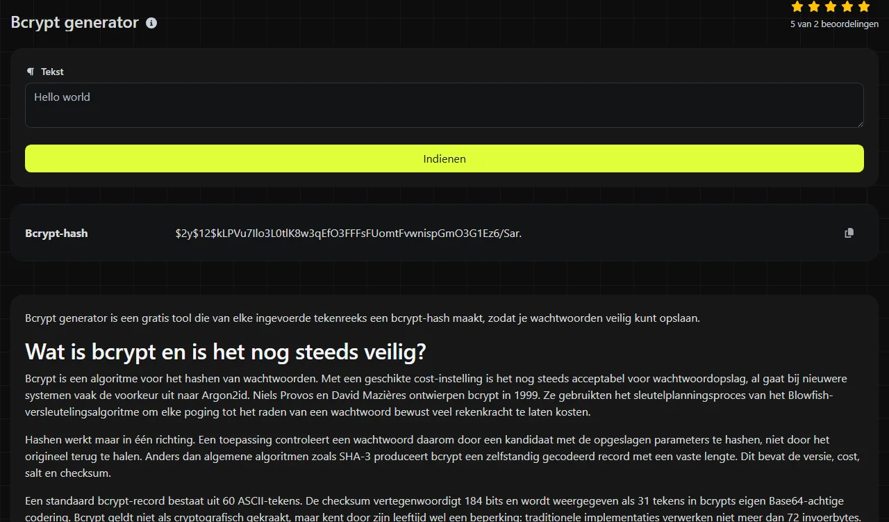 Voorbeeldresultaat van de tool Bcrypt generator