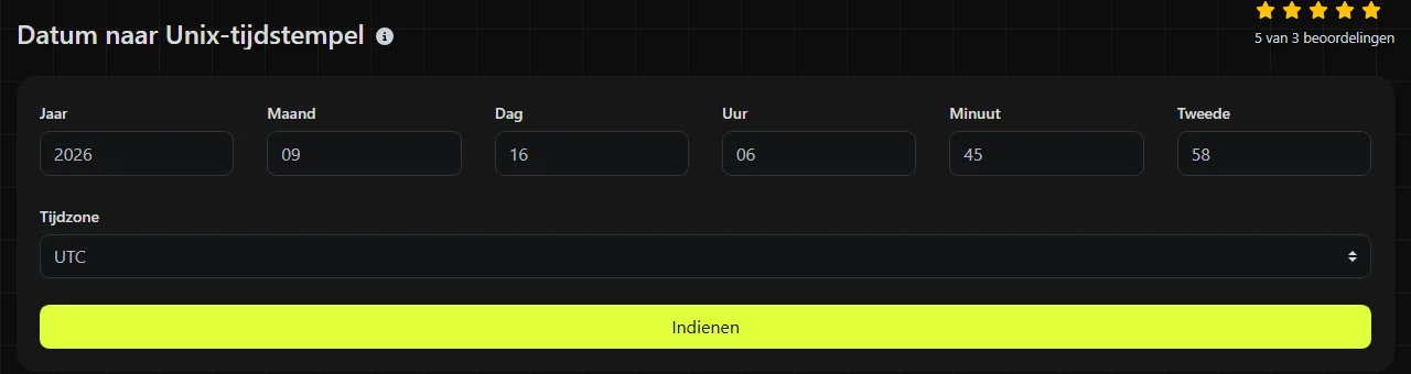 De tool Datum naar Unix-tijdstempel op digily.link, met het invoerformulier