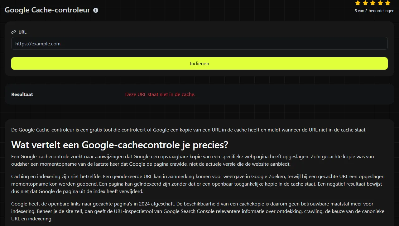 Voorbeeldresultaat van de tool Google Cache-controleur