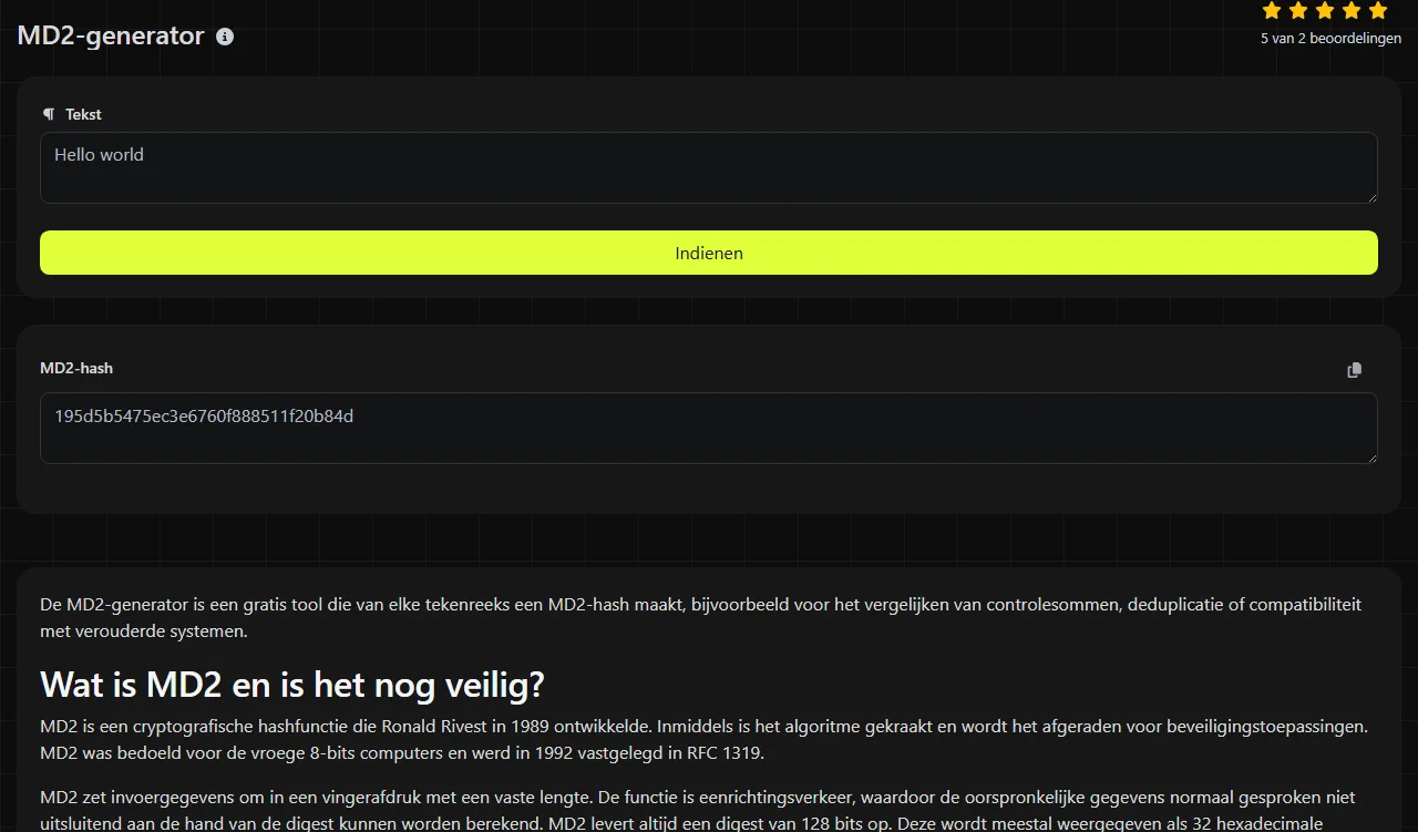 Voorbeeldresultaat van de tool MD2-generator