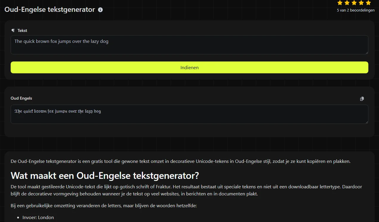 Voorbeeldresultaat van de tool Oud-Engelse tekstgenerator