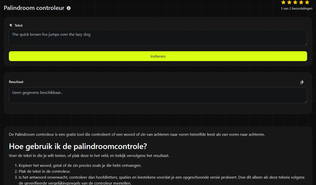 Voorbeeldresultaat van de tool Palindroom controleur