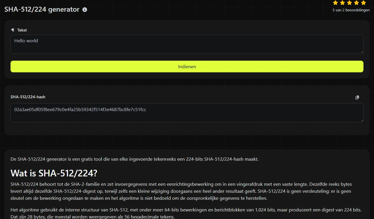 Voorbeeldresultaat van de tool SHA-512/224 generator
