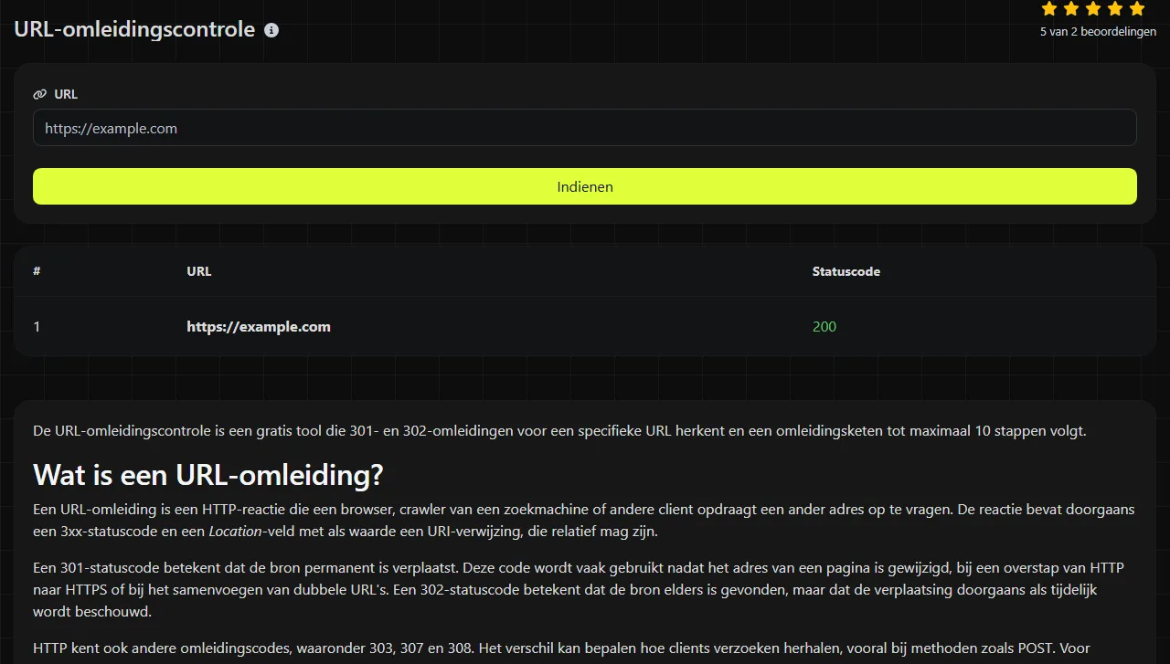 Voorbeeldresultaat van de tool URL-omleidingscontrole