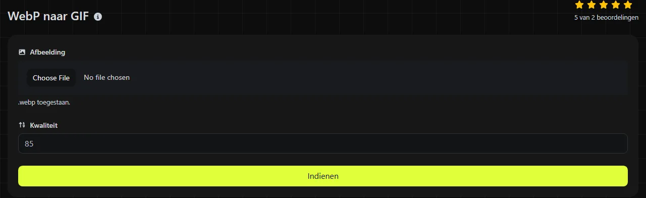 De tool WebP naar GIF op digily.link, met het invoerformulier