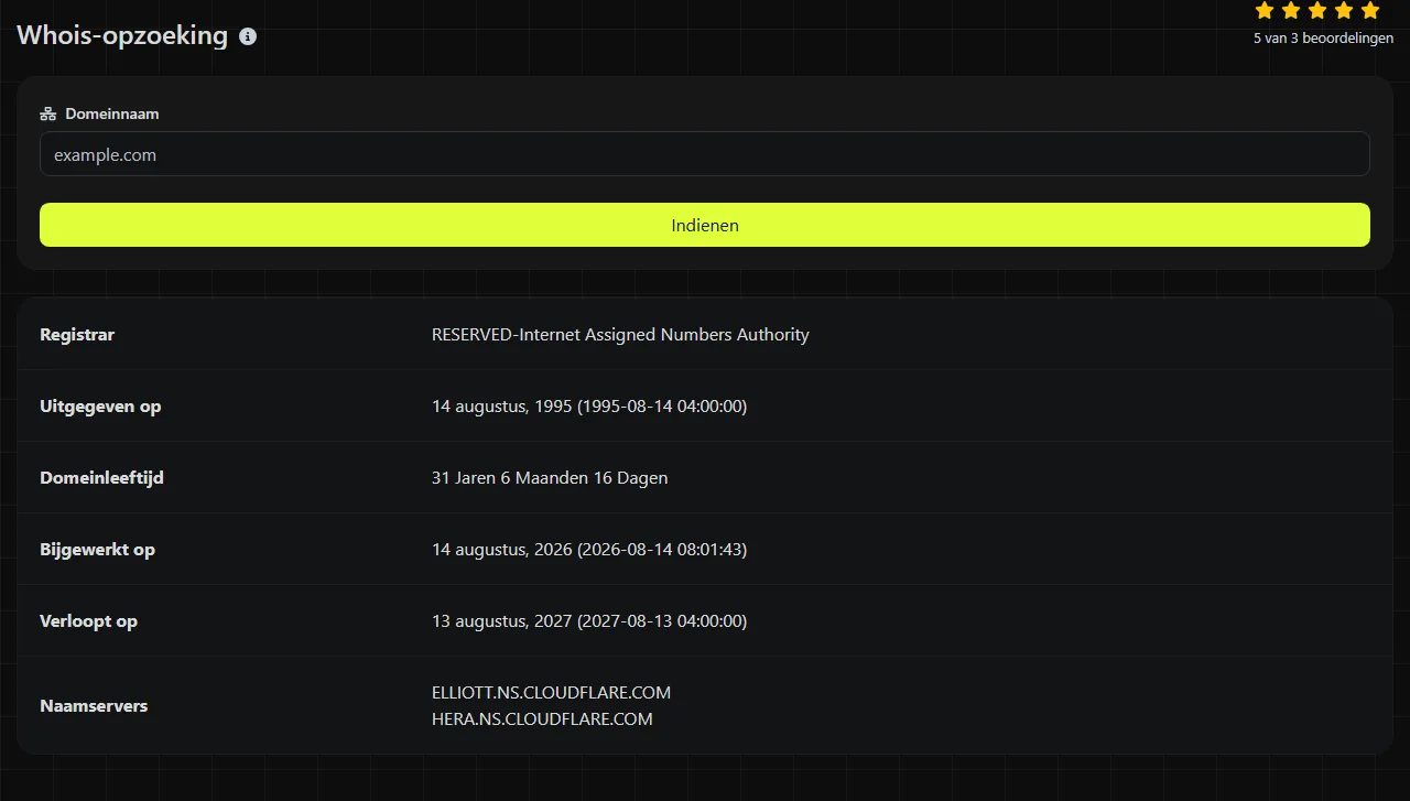 Voorbeeldresultaat van de tool Whois-opzoeking