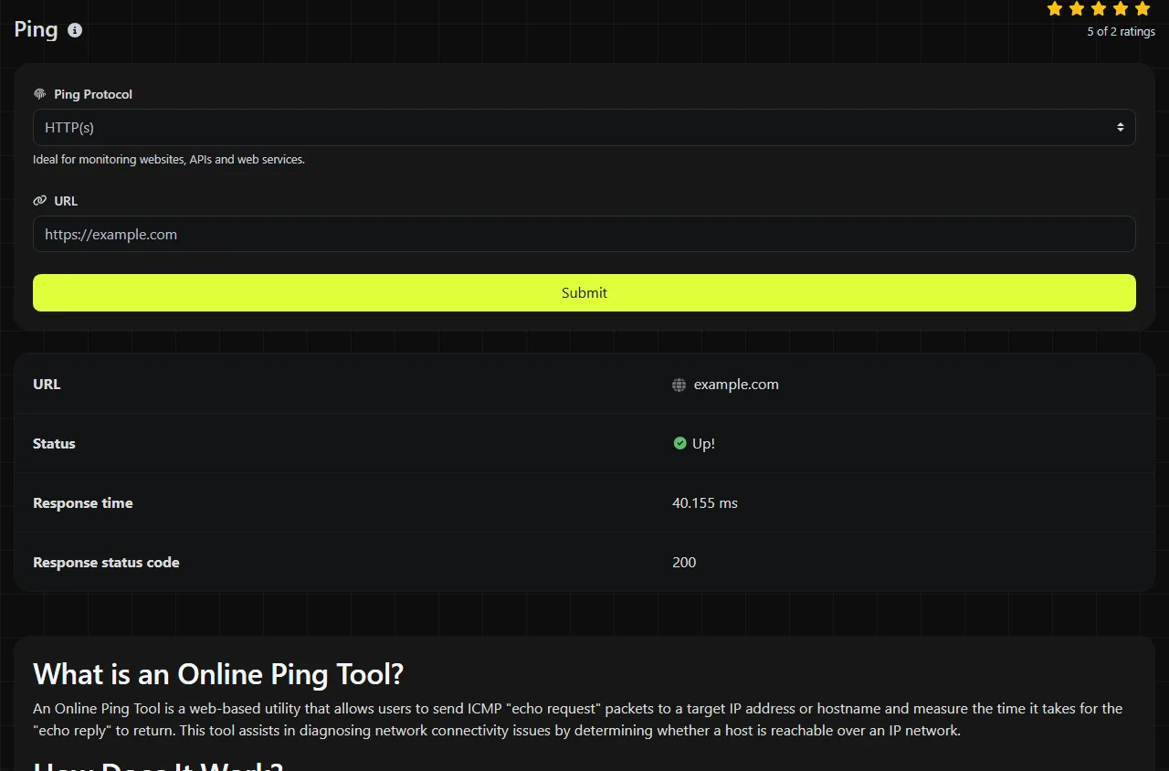 Example result produced by the Ping tool