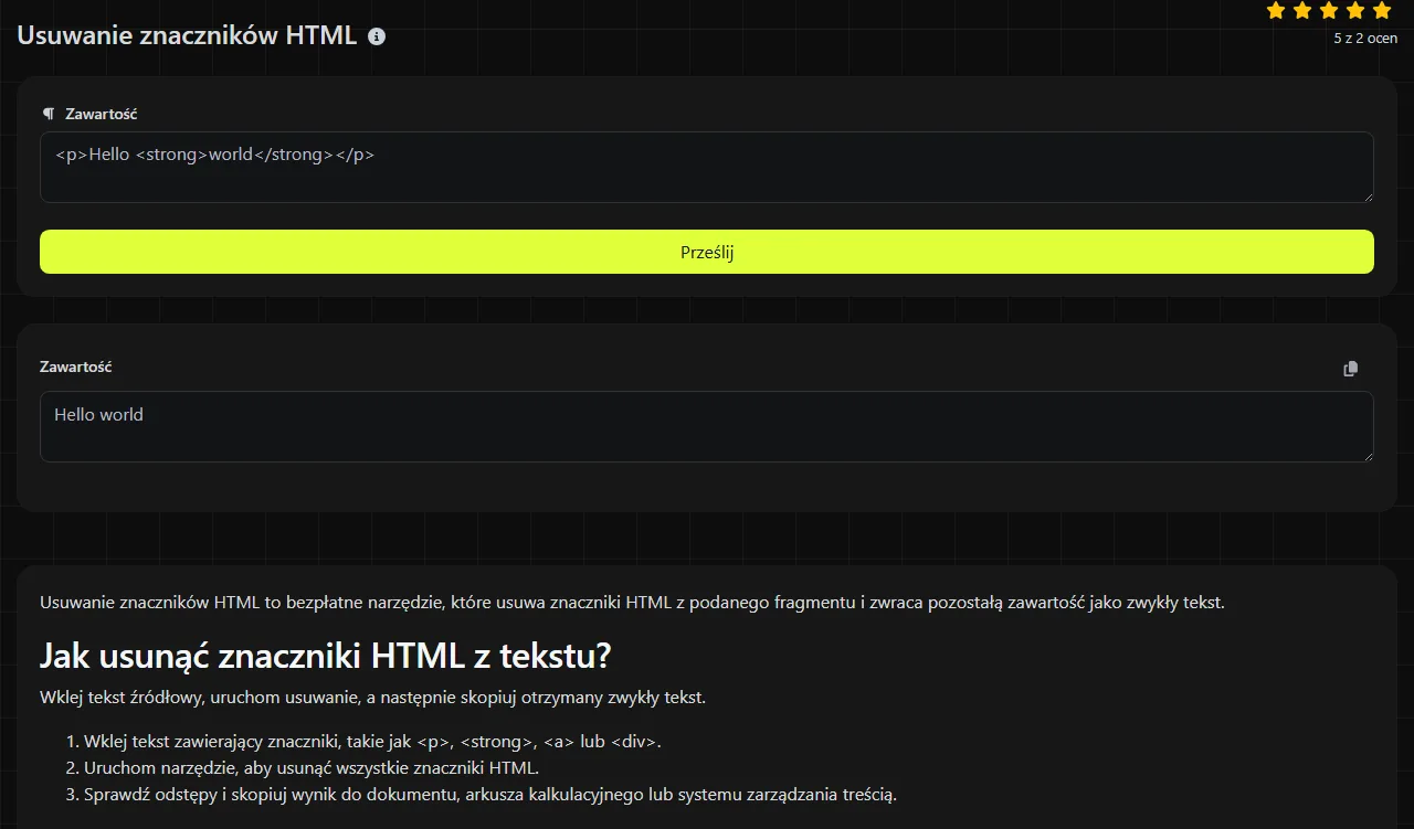 Przykładowy wynik wygenerowany przez narzędzie Usuwanie znaczników HTML