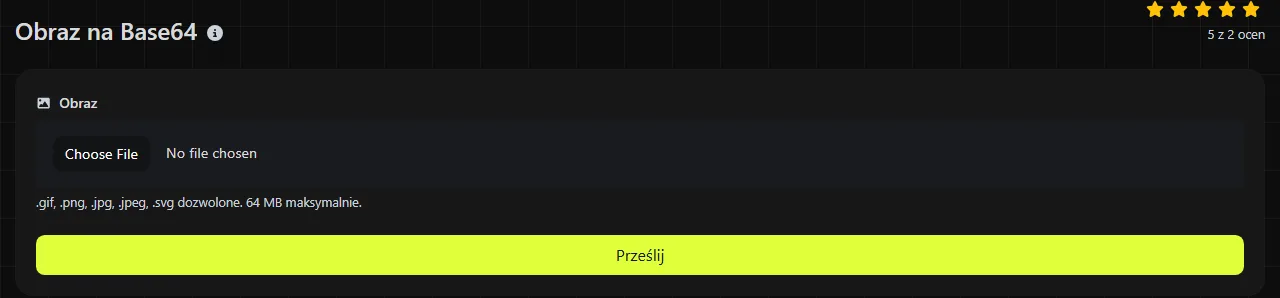 Narzędzie Obraz na Base64 w serwisie digily.link wraz z formularzem wprowadzania danych