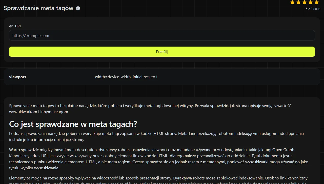 Przykładowy wynik wygenerowany przez narzędzie Sprawdzanie meta tagów