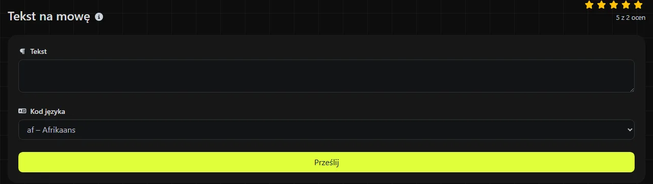 Narzędzie Tekst na mowę w serwisie digily.link wraz z formularzem wprowadzania danych