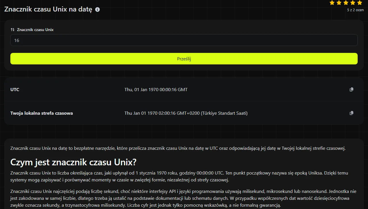 Przykładowy wynik wygenerowany przez narzędzie Znacznik czasu Unix na datę