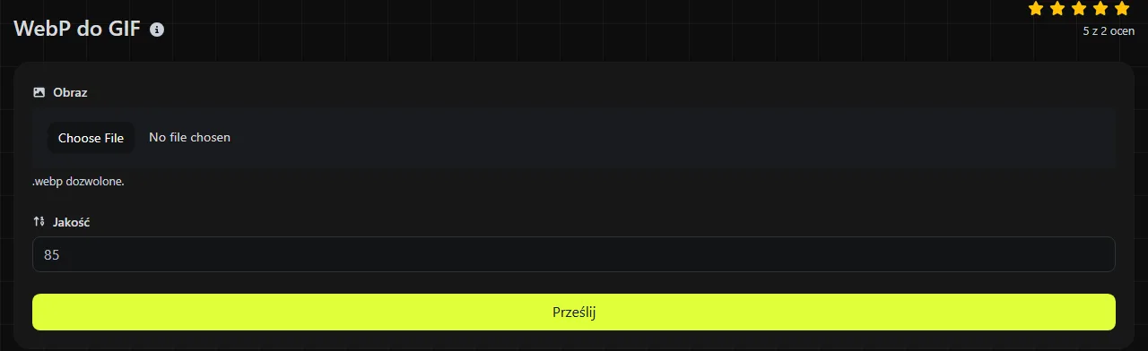 Narzędzie WebP do GIF w serwisie digily.link wraz z formularzem wprowadzania danych