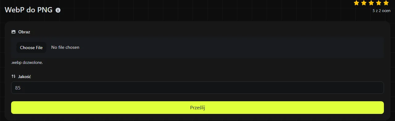Narzędzie WebP do PNG w serwisie digily.link wraz z formularzem wprowadzania danych
